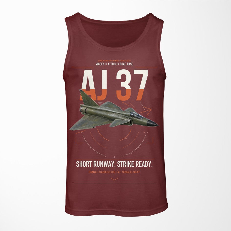 Saab AJ 37 Viggen design on dark red tank top