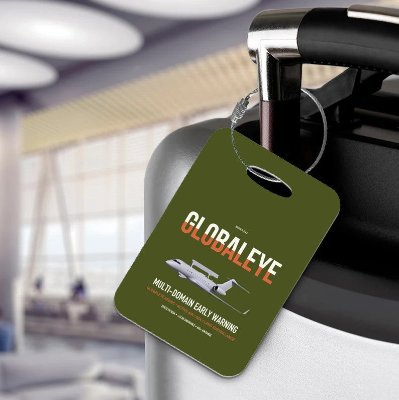 Saab GlobalEye design on green army acrylic luggage tags, double-side print