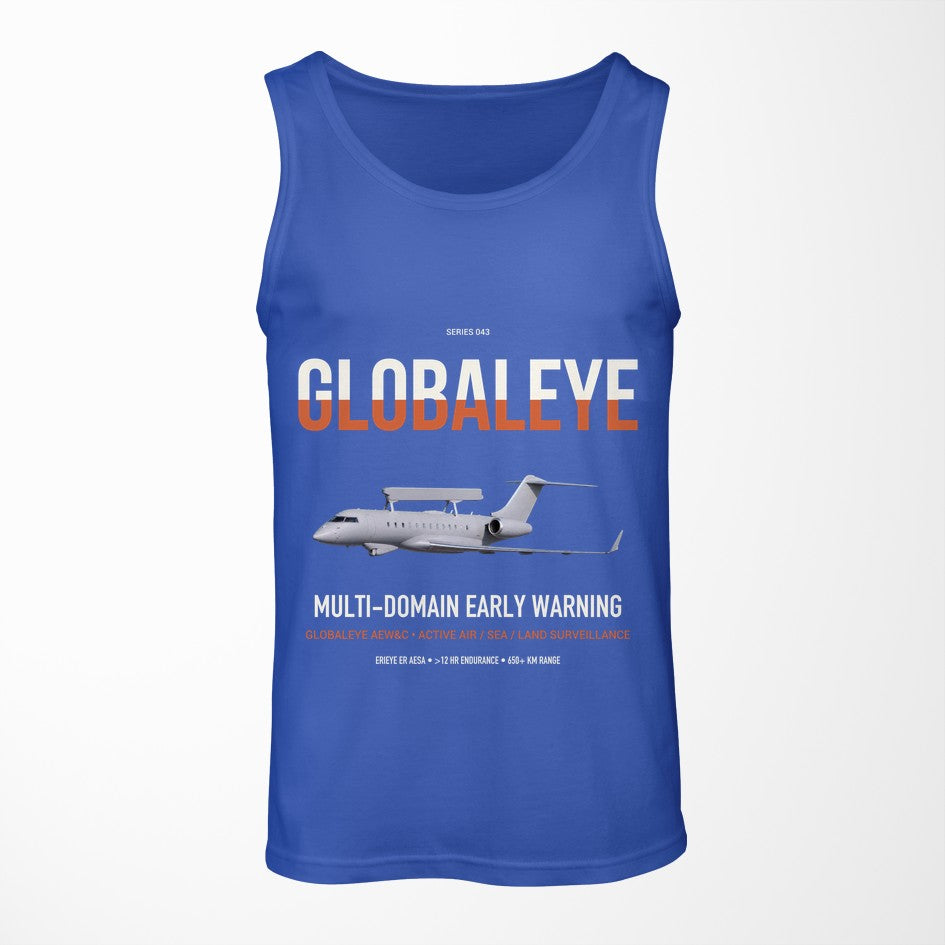 Saab GlobalEye design on blue tank top