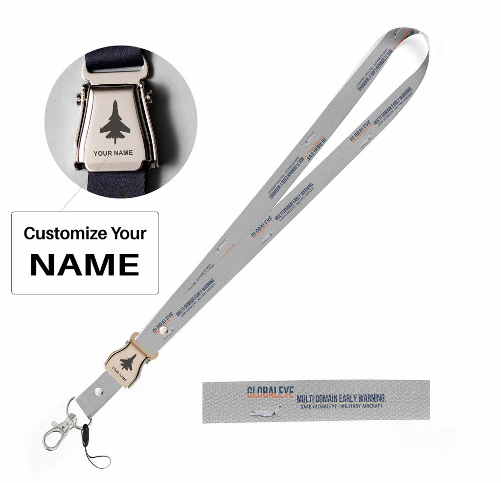 Saab GlobalEye seat belt lanyard - light gray with name