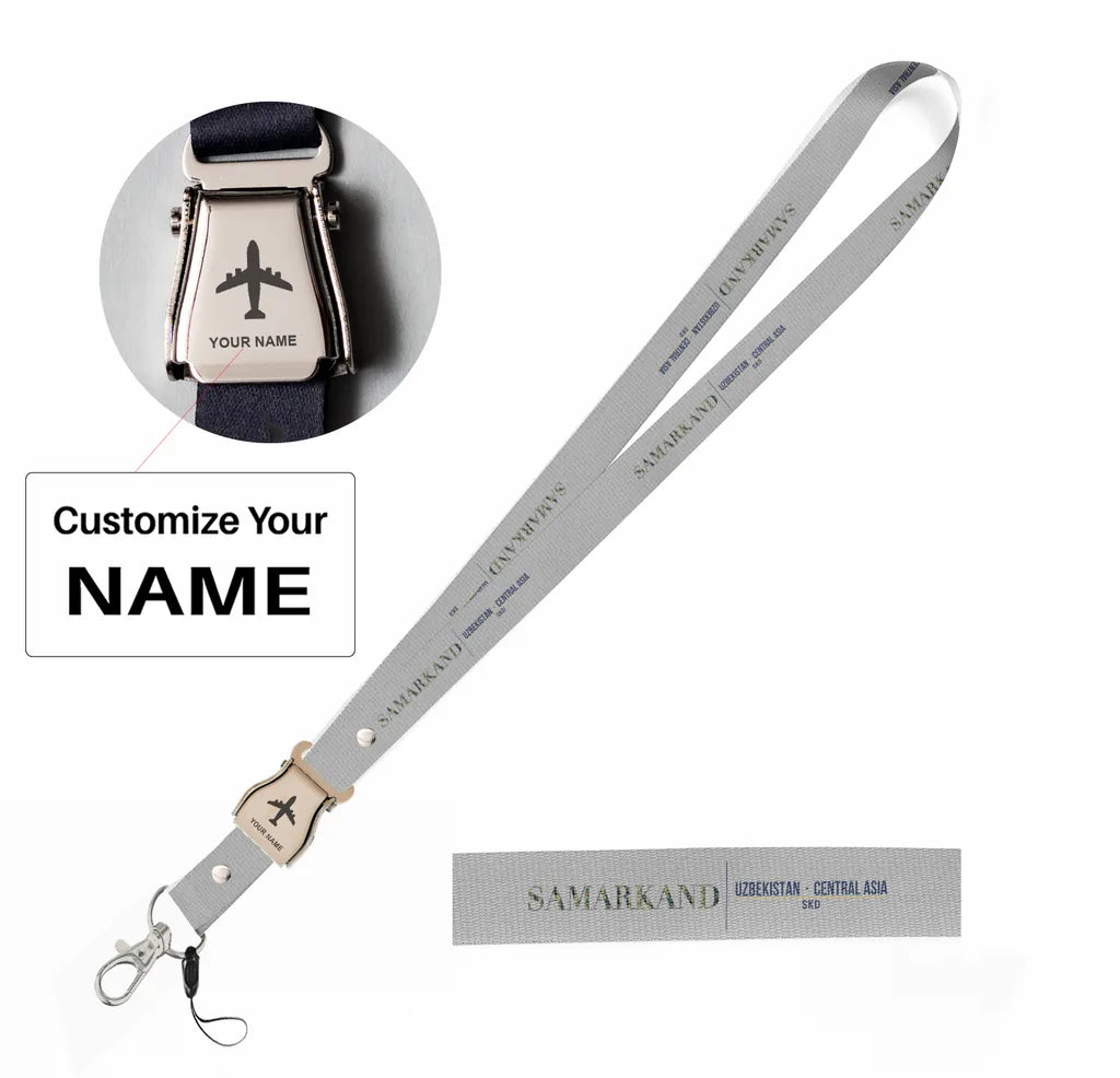Samarkand City Series seat belt lanyard - light gray with name