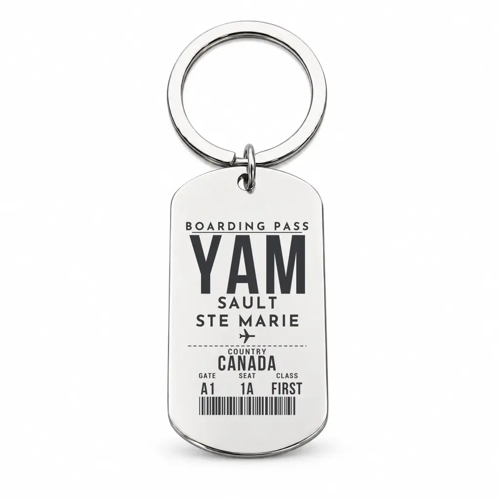 Sault Ste Marie Airport YAM - Key Chain - Boarding Pass Style - Silver