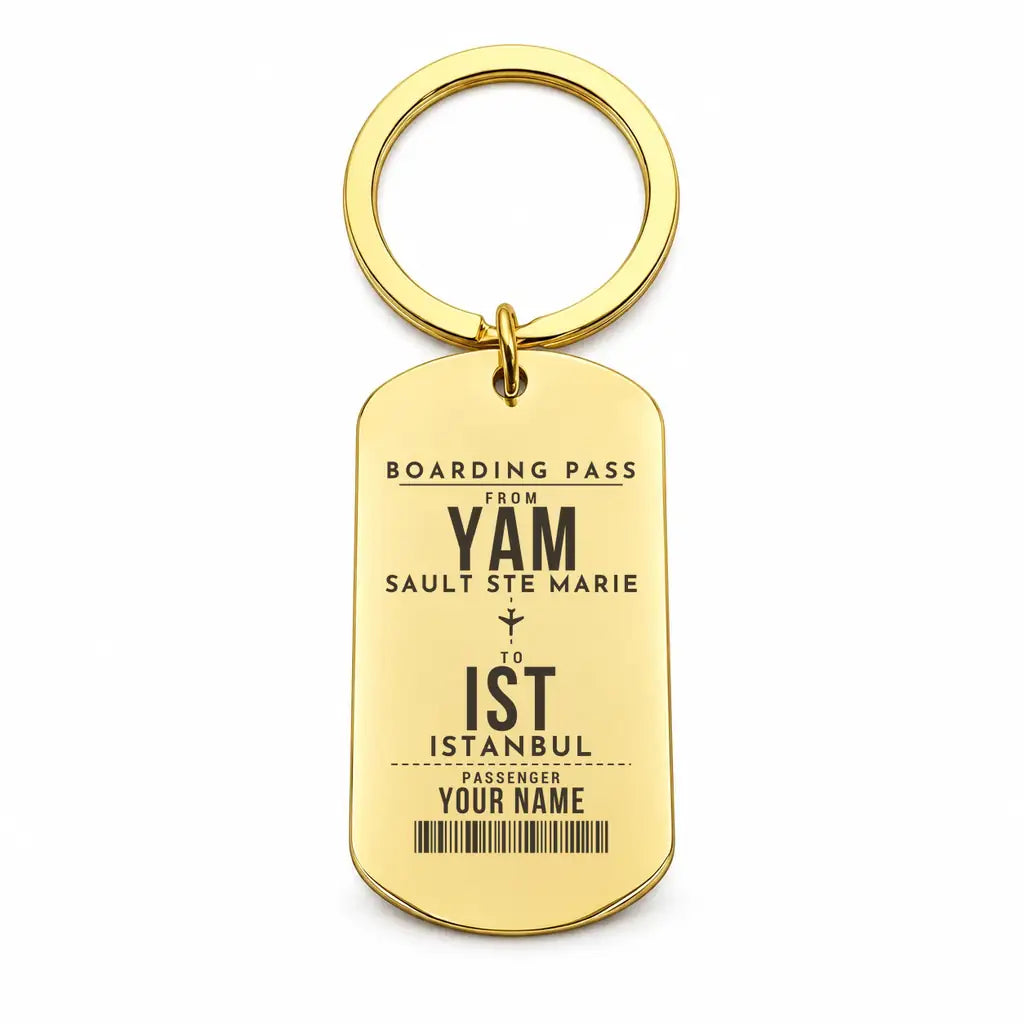 Sault Ste Marie Airport YAM - Key Chain - Customizable Boarding Pass - Gold