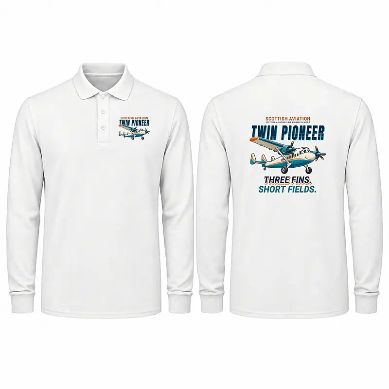 Scottish Aviation Twin Pioneer Series 3 Premium Polo T-Shirts - Cartoon - Long Sleeve - White
