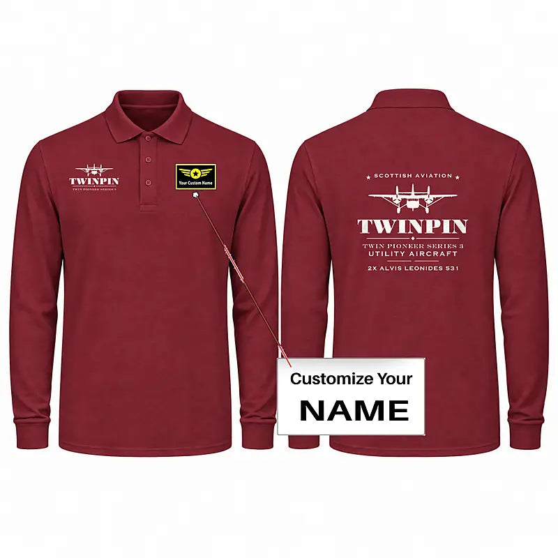 Scottish Aviation Twin Pioneer Series 3 Premium Polo T-Shirts - Heritage + Name - Long Sleeve - Dark Red