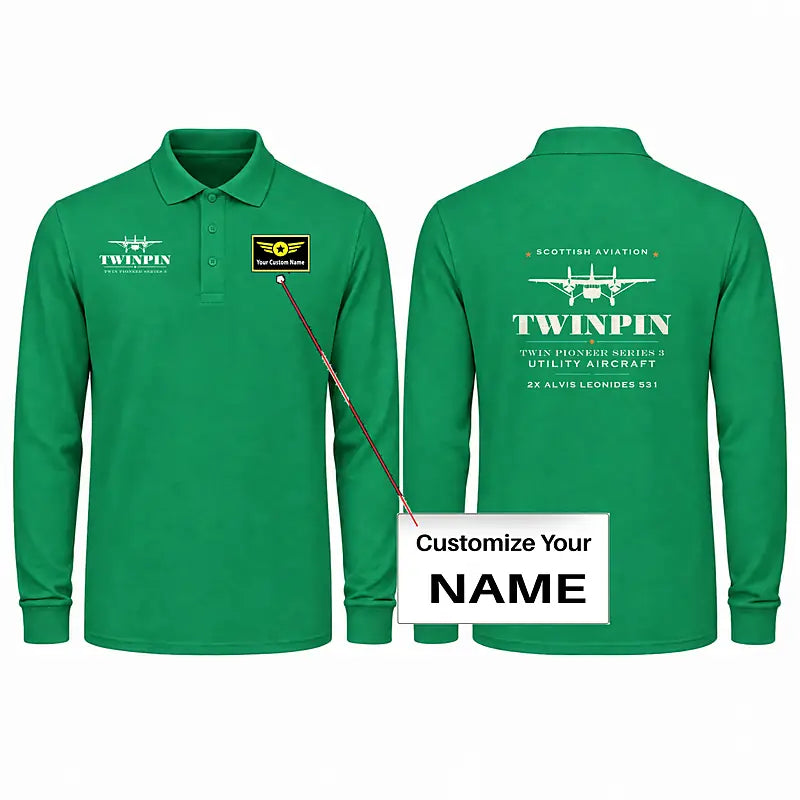 Scottish Aviation Twin Pioneer Series 3 Premium Polo T-Shirts - Heritage + Name - Long Sleeve - Green
