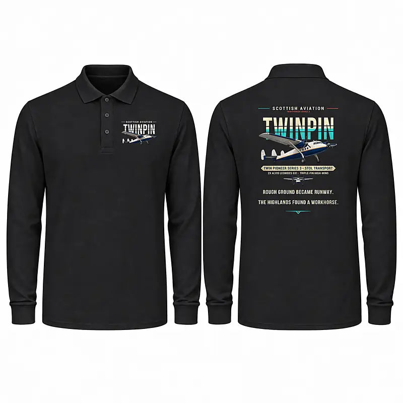 Scottish Aviation Twin Pioneer Series 3 Premium Polo T-Shirts - Original - Long Sleeve - Black