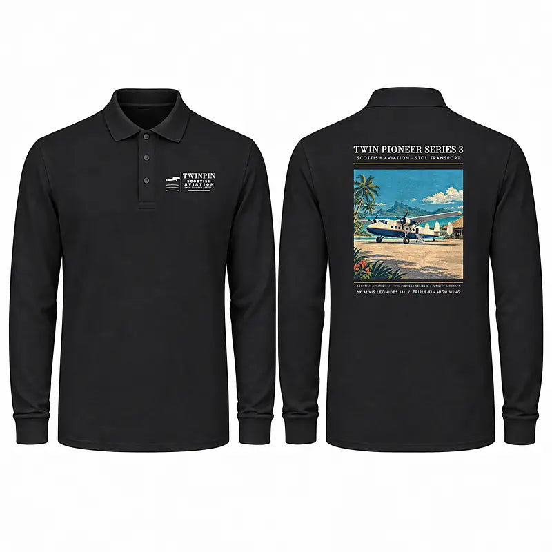 Scottish Aviation Twin Pioneer Series 3 Premium Polo T-Shirts - Poster - Long Sleeve - Black
