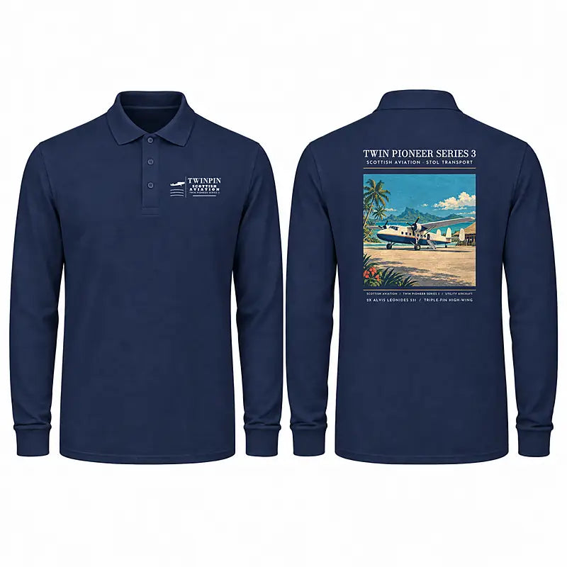 Scottish Aviation Twin Pioneer Series 3 Premium Polo T-Shirts - Poster - Long Sleeve - Dark Blue