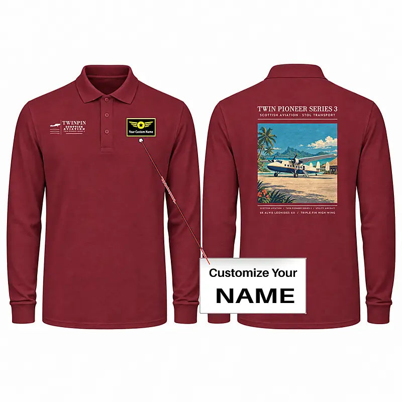 Scottish Aviation Twin Pioneer Series 3 Premium Polo T-Shirts - Poster + Name - Long Sleeve - Dark Red