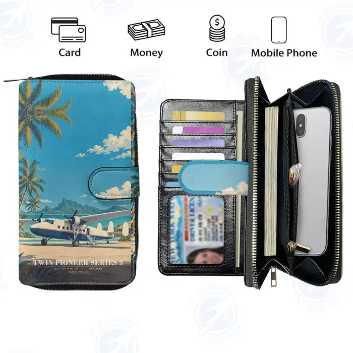 Scottish Aviation Twin Pioneer Series 3 Leather Wallets - Zip Long Wallet - 3D + Name