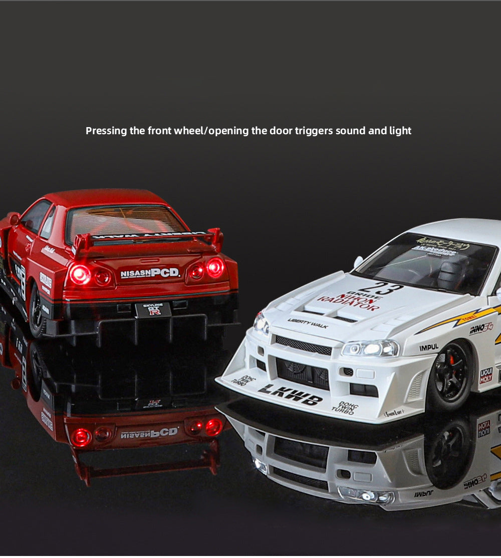 1:24 Scale GTR R34 Wide Body Alloy Model Decorate Sports Car With LED Lights Engine Sound Effects Diecast