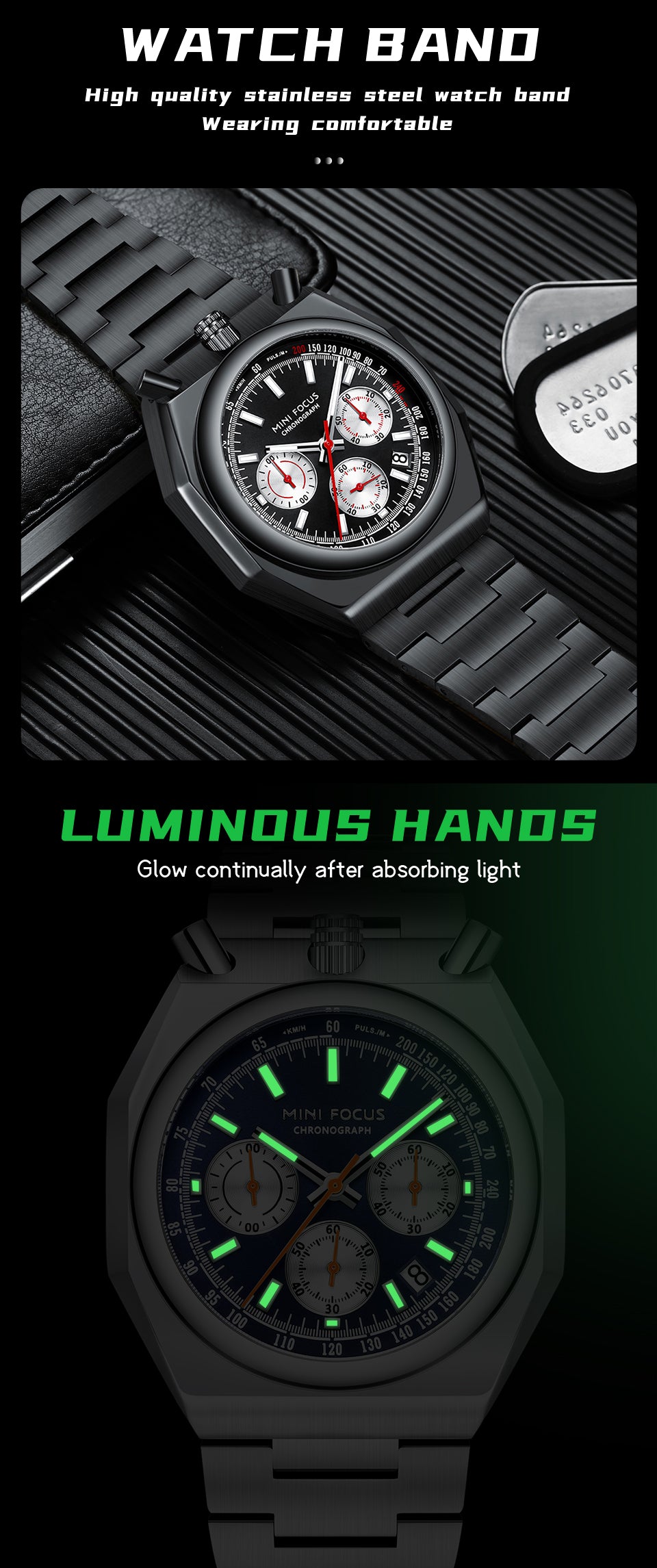 Fashion Multifunctional Quartz Calendar Luminous Stainless Mens Watches