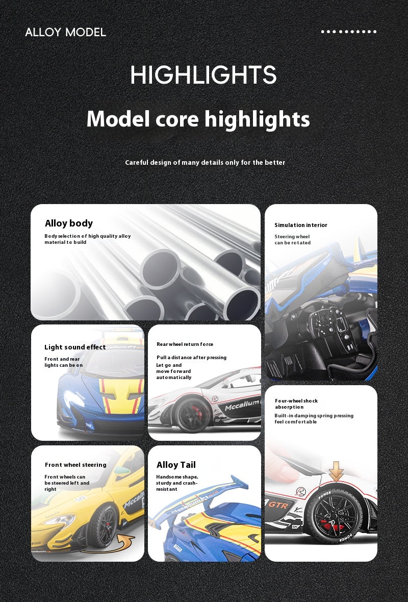 1: 22 Mccallum P1 GTR Alloy Car Model High Simulation Diecasts Toy With Sound and Light Pull Back Vehicles Decoration Toys