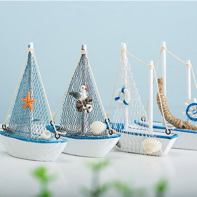 Side view of 4pc 5.51 in White Marine Nautical Wooden Sailboat Model Ornament aviation model ship in diecast metal or wood wi.