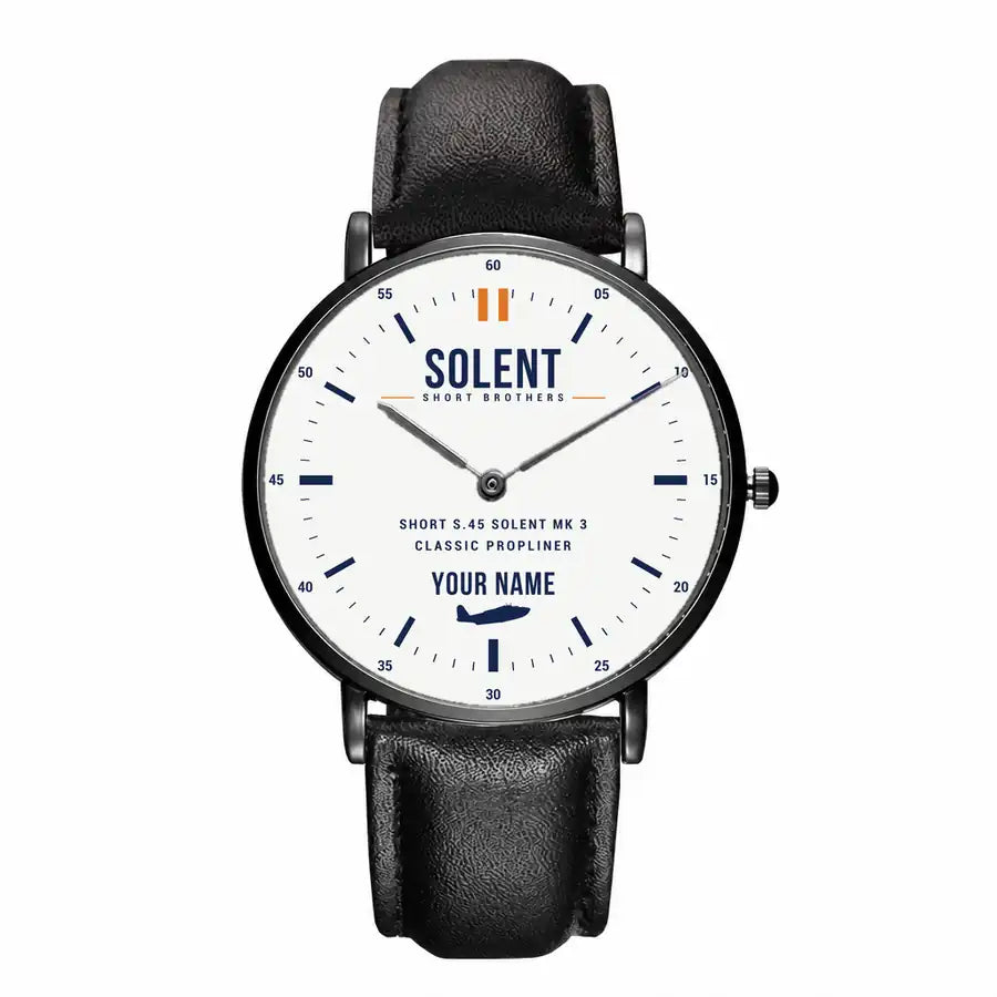 Short S.45 Solent Mk 3 - Classic - White + Name - Slim Leather - Black and Black Leather Strap