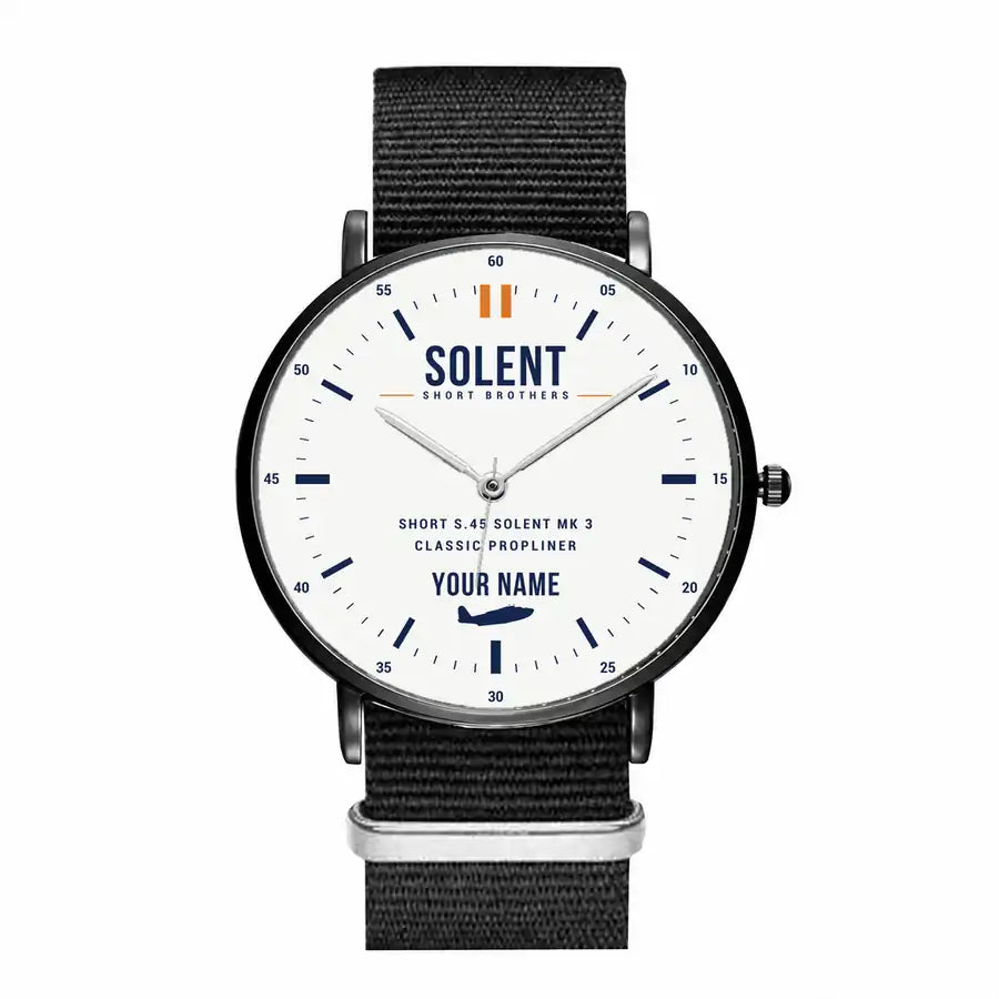 Short S.45 Solent Mk 3 - Classic - White + Name - Slim Leather - Black and Black Nylon Strap