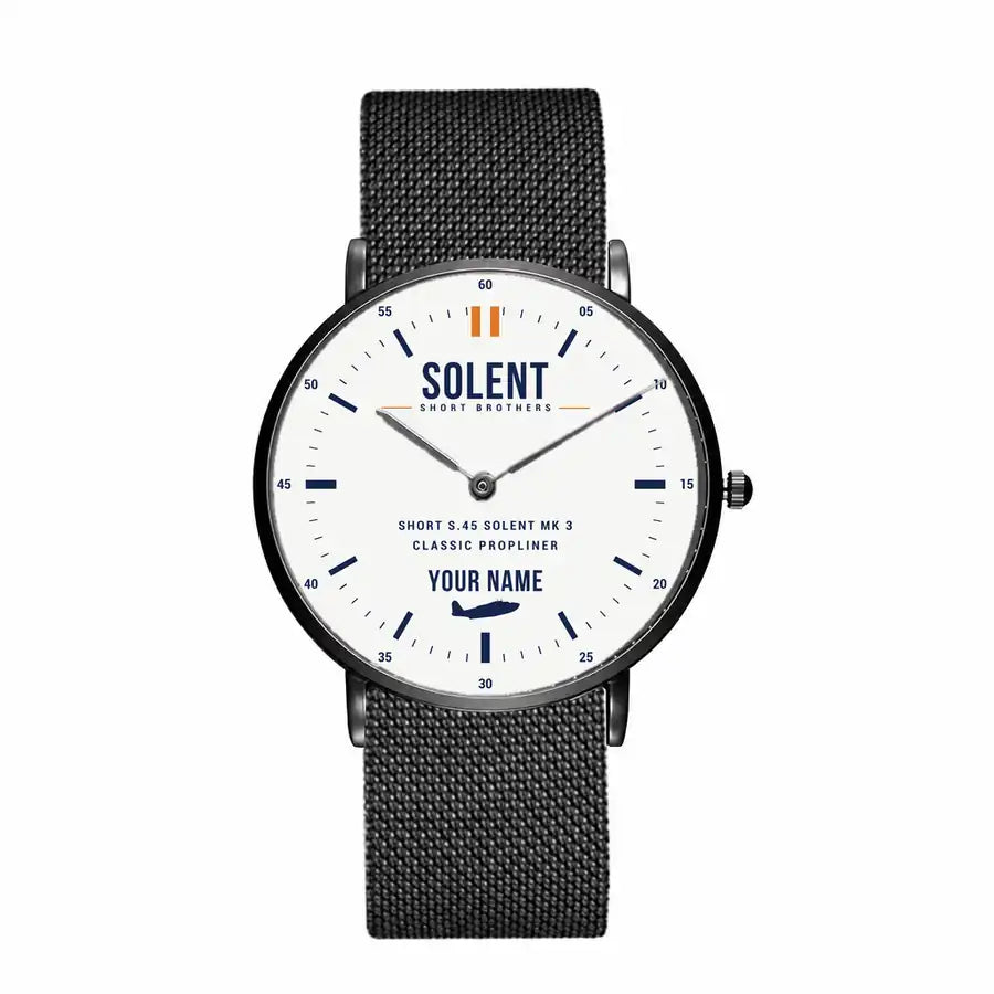 Short S.45 Solent Mk 3 - Classic - White + Name - Slim Mesh - Black and Stainless Steel Strap