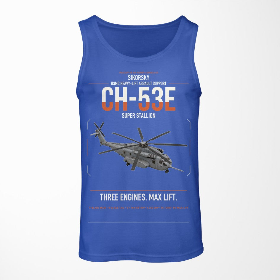 Sikorsky CH-53E Super Stallion design on blue tank top