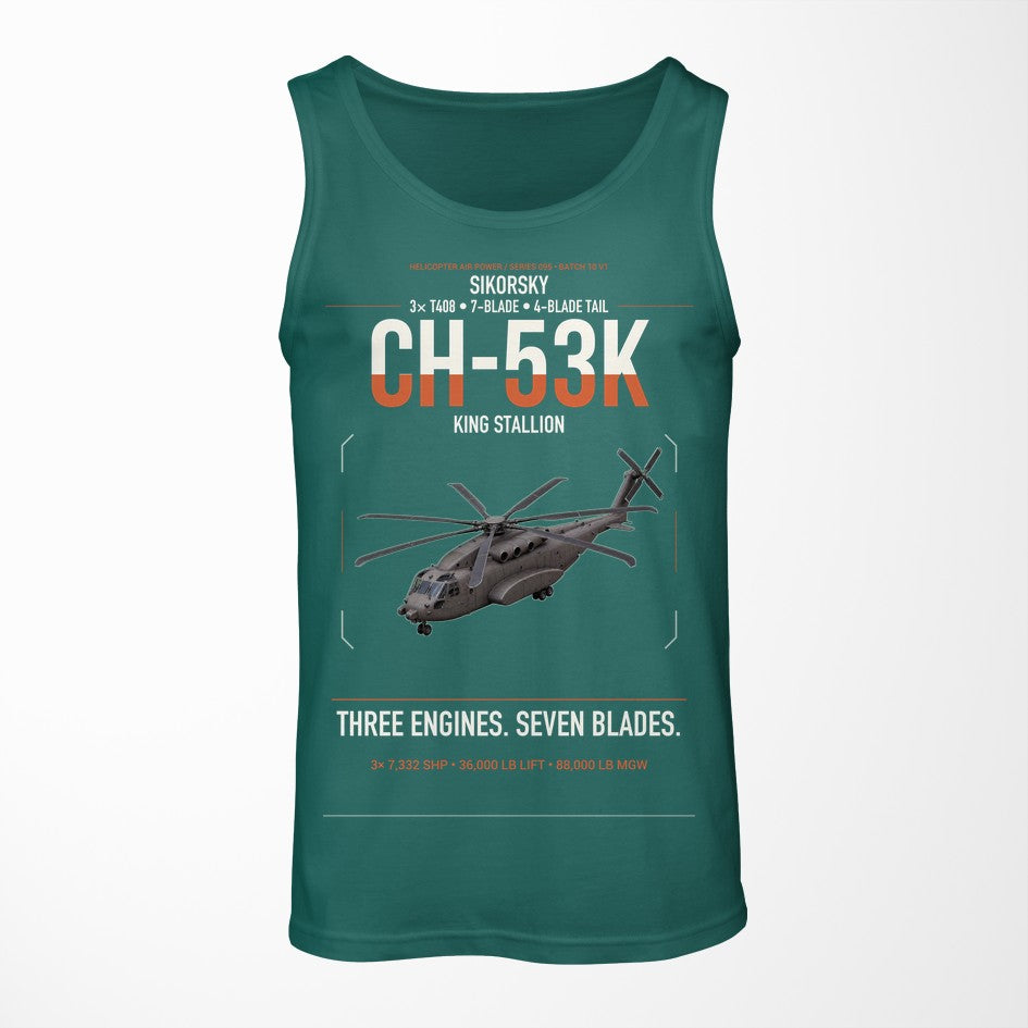 Sikorsky CH-53K King Stallion design on green tank top