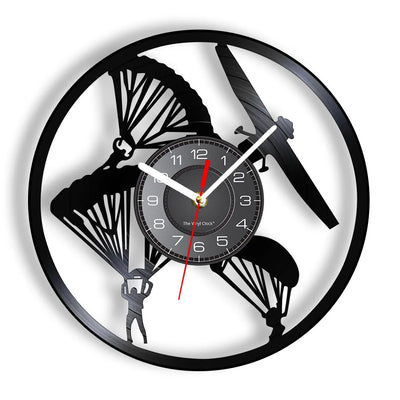 Helicopter Pilot Skydiving Sports Vinyl Record aviation design on premium wood and metal wall clock.