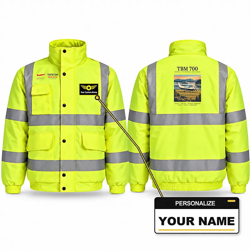 Socata TBM 700 Reflective Winter Jackets - Poster + Name - Fluorescent Yellow