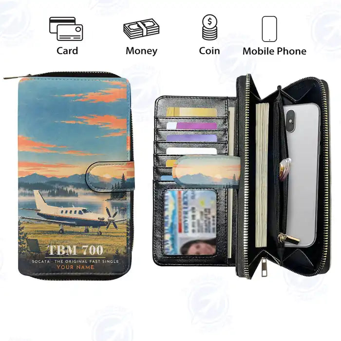 Socata TBM 700 Leather Wallets - Zip Long Wallet - 3D + Name