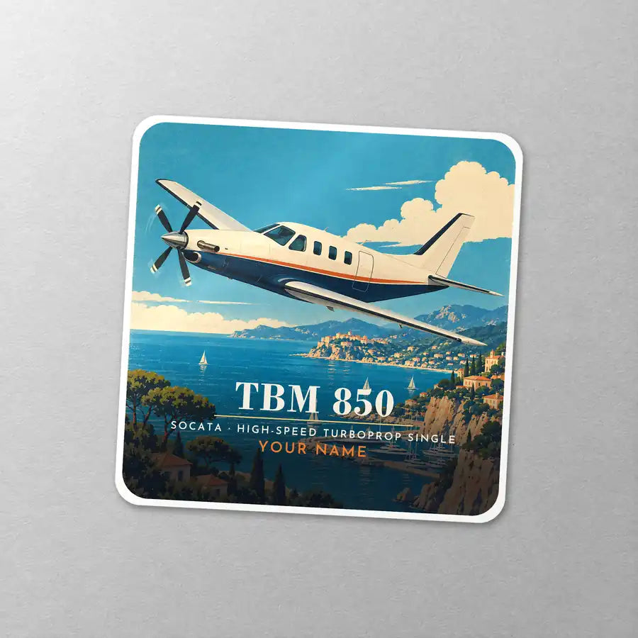 Socata TBM 850 - 3D + Name - Square Sticker - Close-up