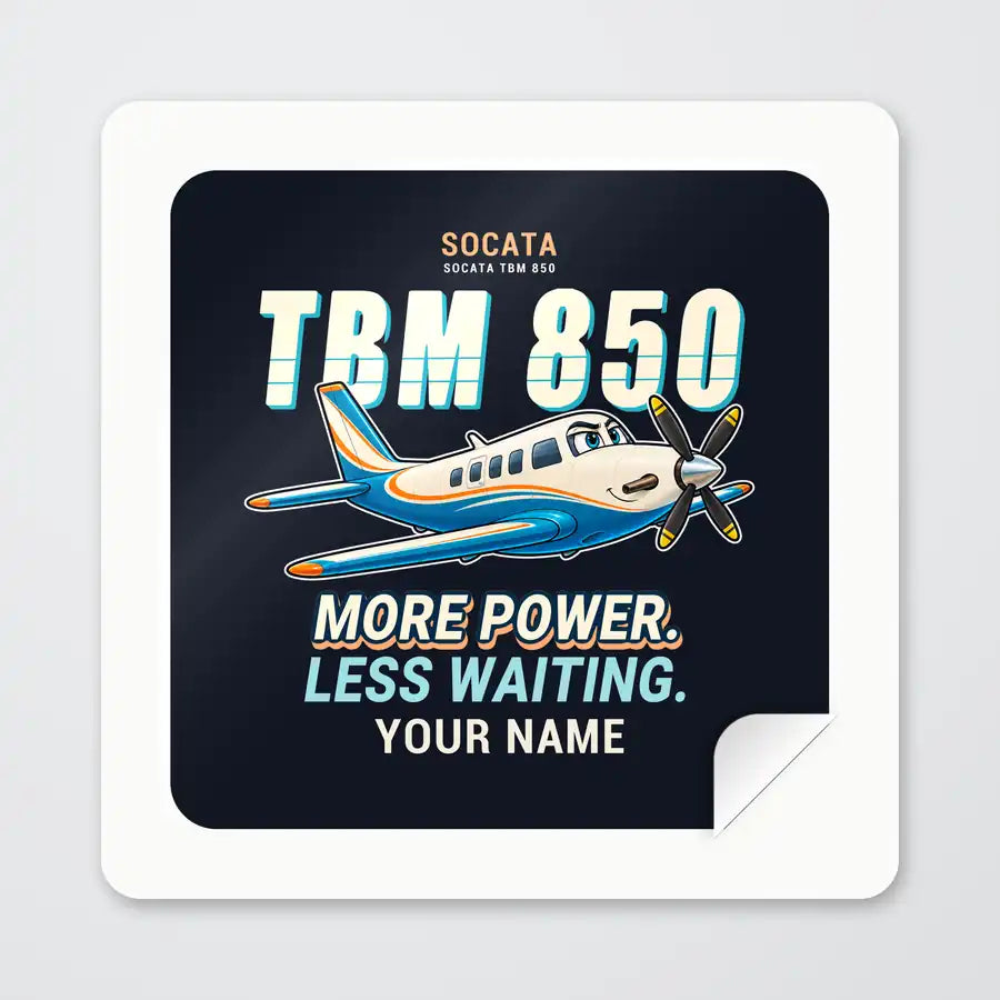 Socata TBM 850 - Cartoon + Name - Square Sticker - Peel