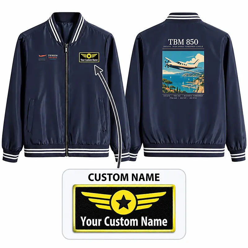 Socata TBM 850 Stylish Jackets - Baseball Collar - Poster + Name - Navy Blue