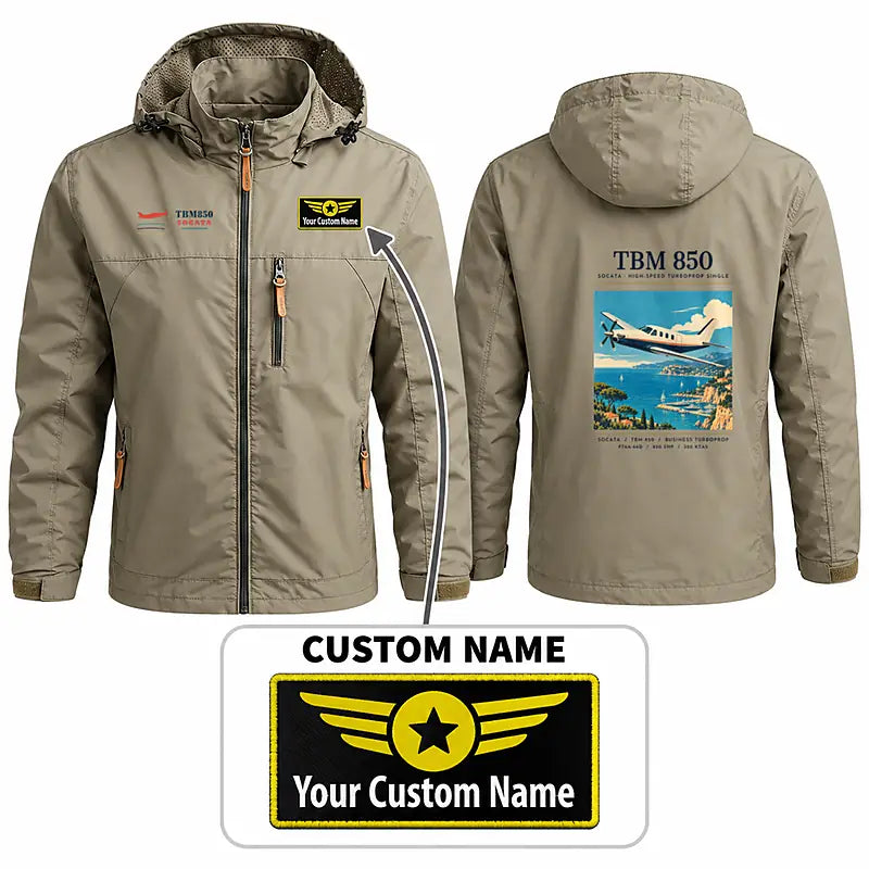 Socata TBM 850 Stylish Jackets - Hooded Windbreaker - Poster + Name - Khaki