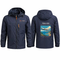 Thumbnail for Socata TBM 850 Stylish Jackets - Hooded Windbreaker - Poster - Navy Blue