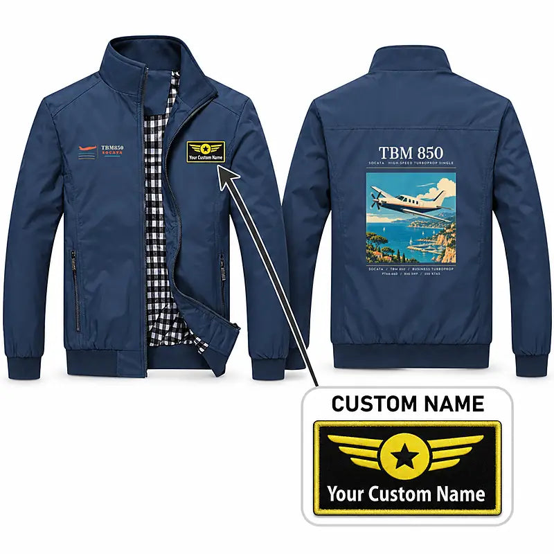 Socata TBM 850 Stylish Jackets - Stand Collar - Poster + Name - Navy Blue