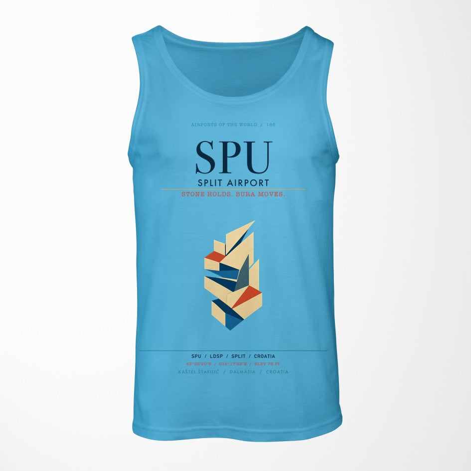 Split Airport (SPU) design on sky blue tank top
