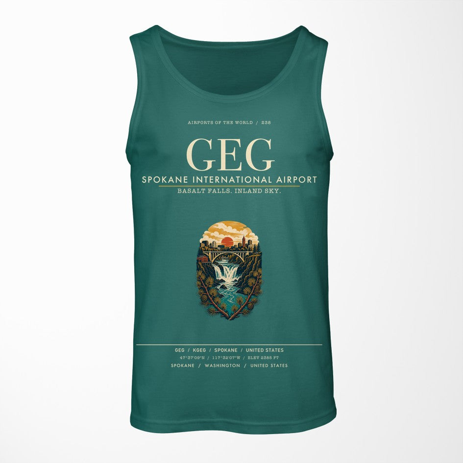 Spokane International Airport (GEG) design on green tank top