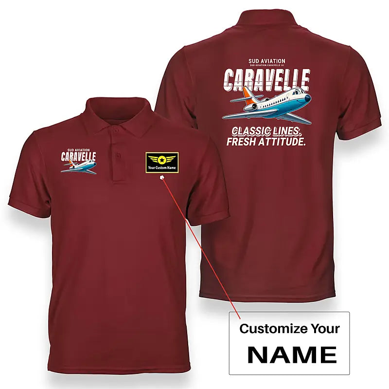 Sud Aviation Caravelle III - Cartoon - Double-Side Polo - Red + Name