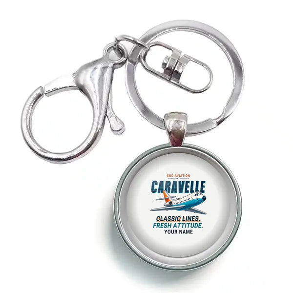 Sud Aviation Caravelle III - Cartoon + Name - Circle Key Chain - White