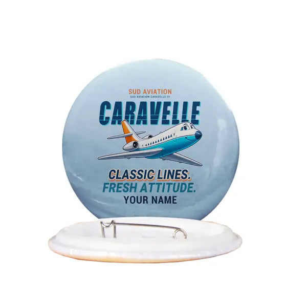 Sud Aviation Caravelle III - Cartoon + Name - Pin - Light Blue