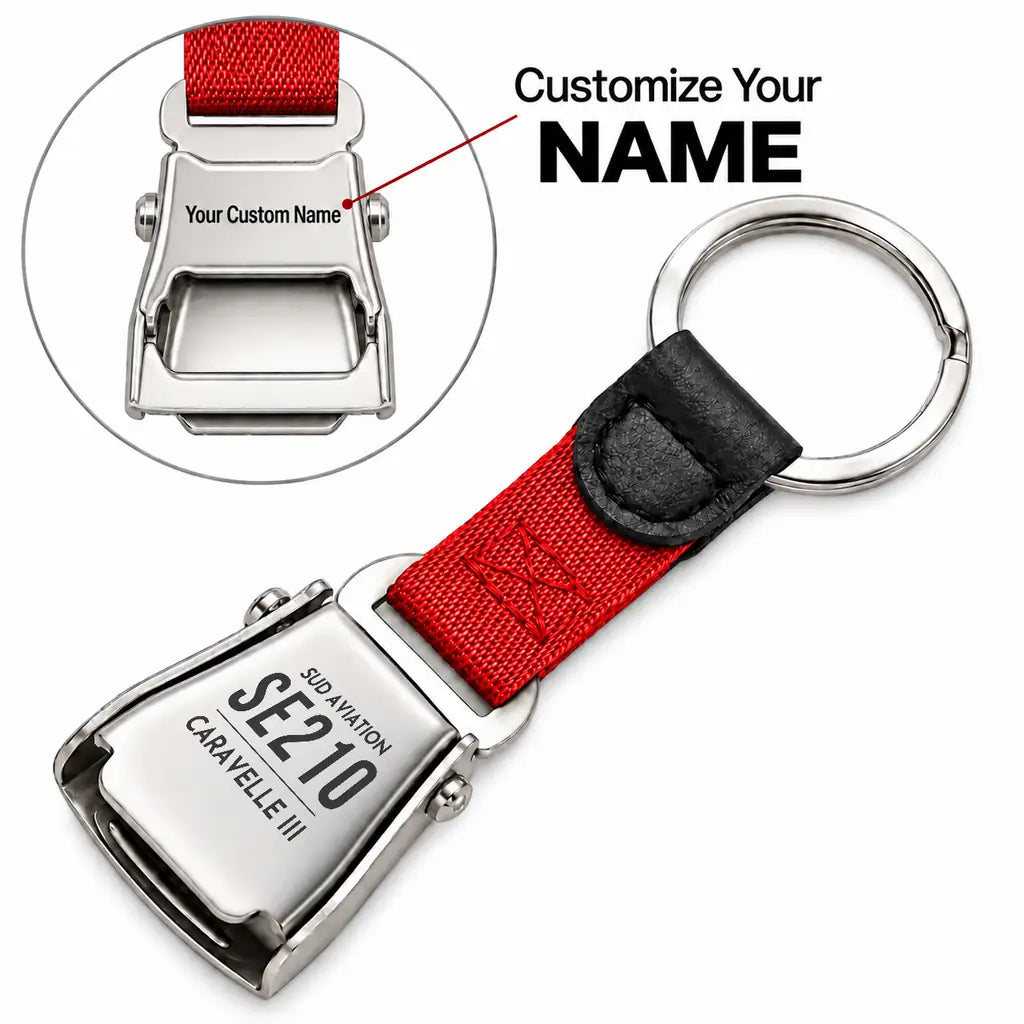 Sud Aviation Caravelle III - Seat Belt Key Chain - Tag + Name - Red
