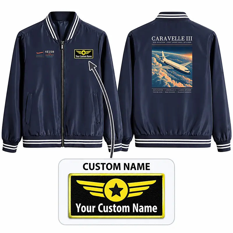 Sud Aviation Caravelle III Stylish Jackets - Baseball Collar - Poster + Name - Navy Blue