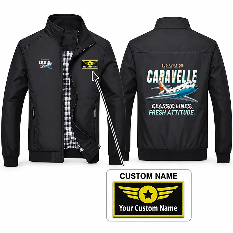 Sud Aviation Caravelle III Stylish Jackets - Stand Collar - Cartoon + Name - Black