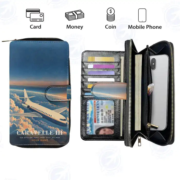 Sud Aviation Caravelle III Leather Wallets - Zip Long Wallet - 3D + Name