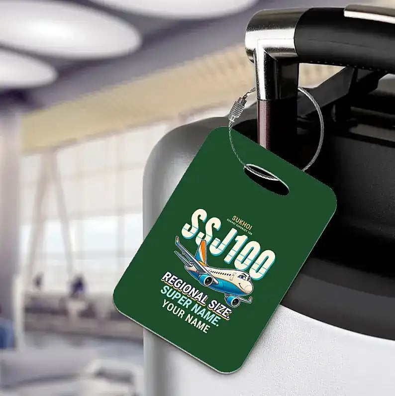Sukhoi Superjet 100 - Cartoon + Name - Luggage Tag - Dark Green