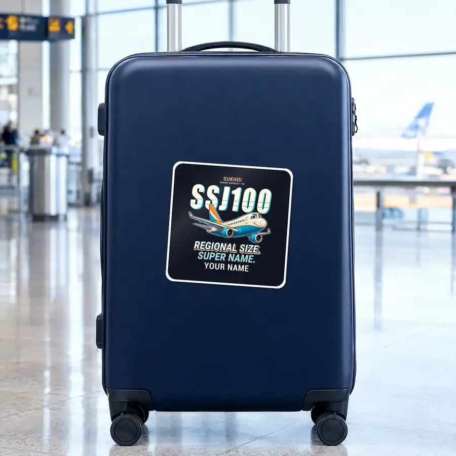 Sukhoi Superjet 100 - Cartoon + Name - Square Sticker - Suitcase