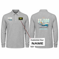 Thumbnail for Sukhoi Superjet 100 Premium Polo T-Shirts - Cartoon + Name - Long Sleeve - Gray