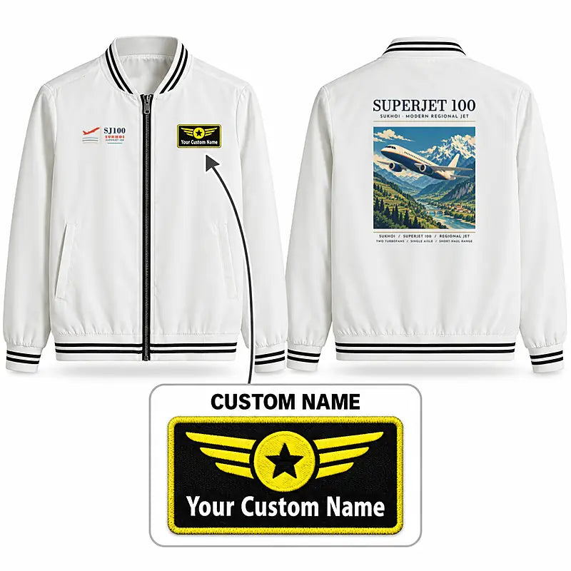 Sukhoi Superjet 100 Stylish Jackets - Baseball Collar - Poster + Name - White
