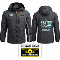 Thumbnail for Sukhoi Superjet 100 Stylish Jackets - Hooded Windbreaker - Cartoon + Name - Charcoal