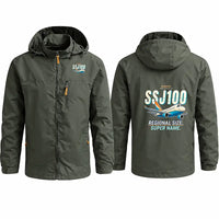 Thumbnail for Sukhoi Superjet 100 Stylish Jackets - Hooded Windbreaker - Cartoon - Olive Green