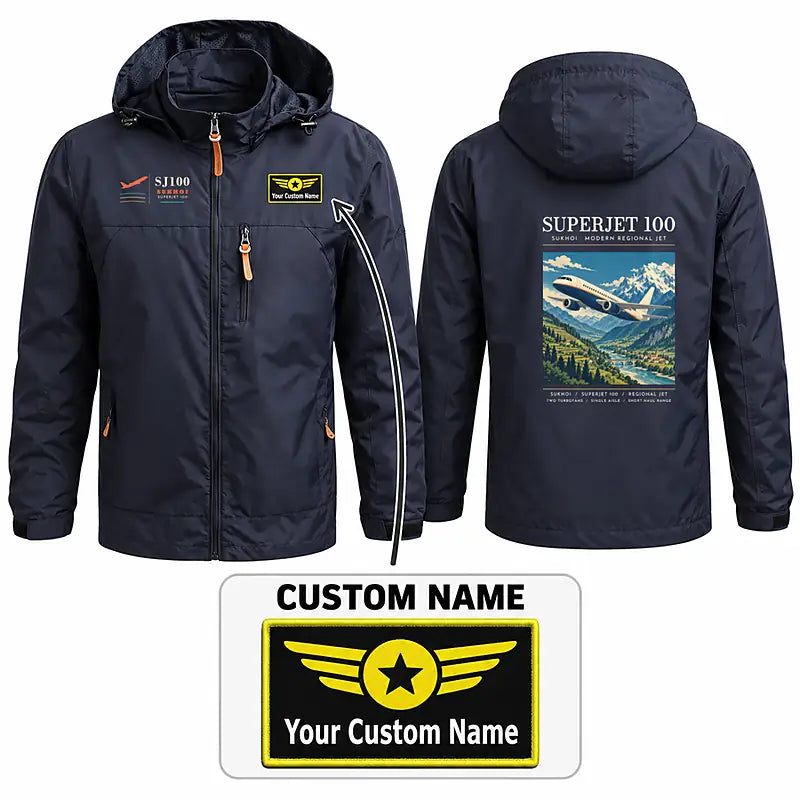 Sukhoi Superjet 100 Stylish Jackets - Hooded Windbreaker - Poster + Name - Navy Blue
