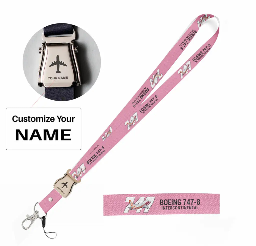 Super Boeing 747-8 Intercontinental seat belt lanyard - pink with name
